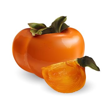 Ripe persimmon with a slice on white background.