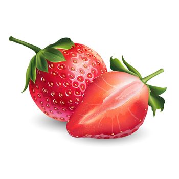 Whole and half strawberry on a white background.