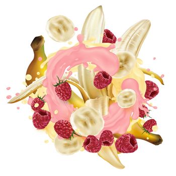 Bananas and raspberries in a pink and yellow yogurt splash.