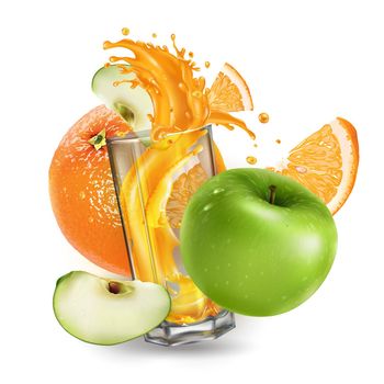 Orange, green apple and splashing juice in a glass.