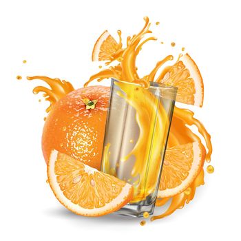 Oranges and a glass of splashing fruit juice.