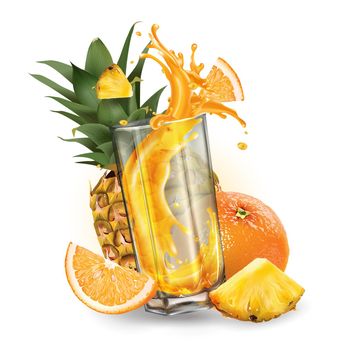 Fruit juice splashing in a glass, whole and sliced pineapple and orange.