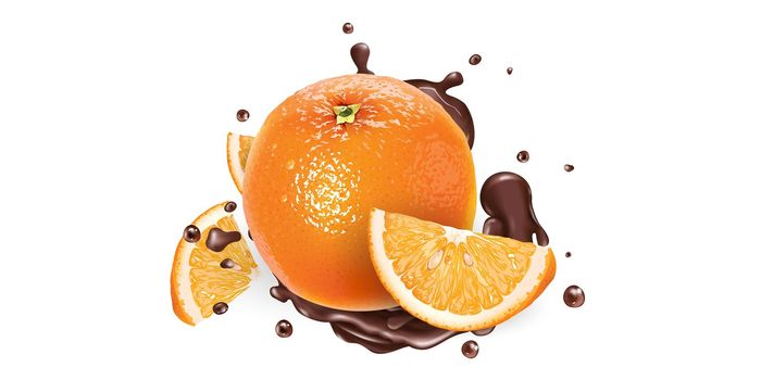 Fresh oranges and splashes of liquid chocolate.