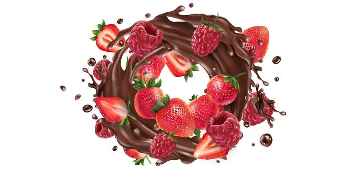 Fresh strawberries and raspberries in a chocolate splash.