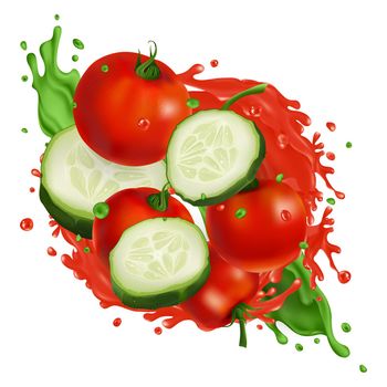 Cherry tomatoes and cucumber slices in splashes of vegetable juice