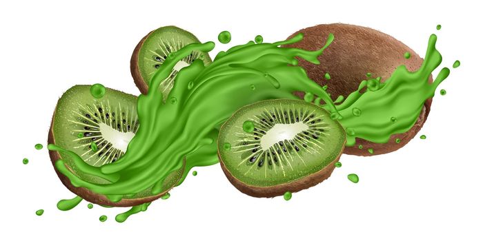 Whole and sliced kiwi in green juice splash
