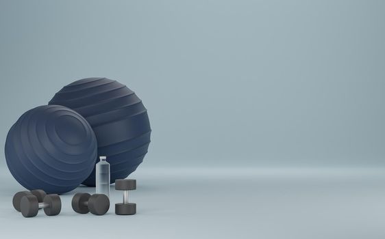 Metal dumbbell, blue fit-ball and drinking water bottle. Equipment for fitness on white background. 3D Rendering
