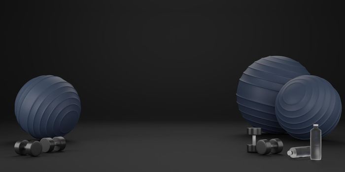 Metal dumbbell, blue fit-ball and drinking water bottle. Equipment for fitness on black background. 3D Rendering