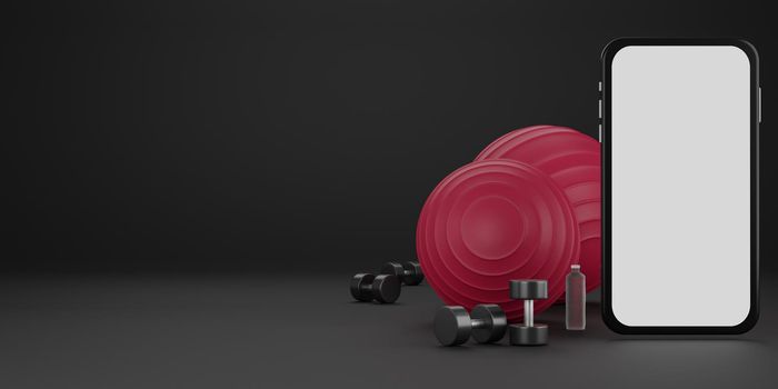 Metal dumbbell, red fit-ball and drinking water bottle with white screen mobile mockup. Equipment for fitness on black background. 3D Rendering