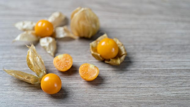 Top view pile of cape gooseberry fruit  on the table.