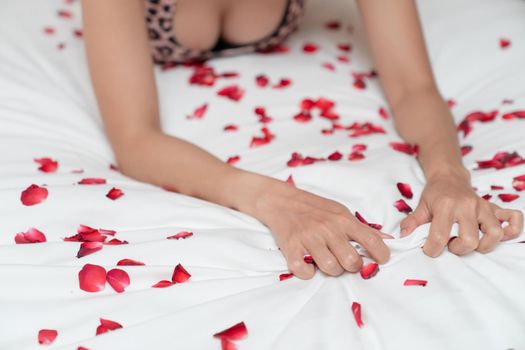 Woman hand grasping white sheet and rose petals. Couple making love or having sex in bedroom.