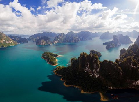 Khao Sok Thailand, Scenic mountains on the lake in Khao Sok National Park, Drone aerial shot, top view of Khao Sok National Park