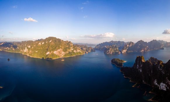 Khao Sok Thailand, Scenic mountains on the lake in Khao Sok National Park, Drone aerial shot, top view of Khao Sok National Park