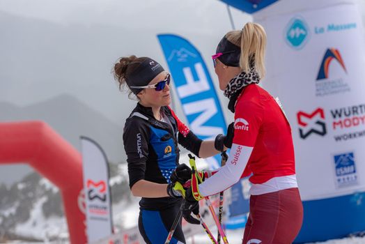 KREUZER Victoria SUI and GACHET MOLLARET Axelle FRA in the finish line ISMF WC Championships Comapedrosa Andorra 2021 Vertical Race.