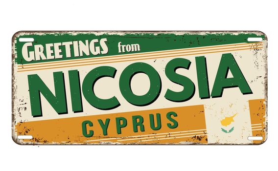 Greetings from Nicosia vintage rusty metal plate 