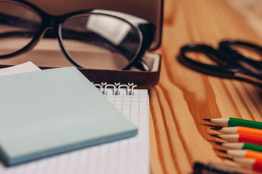 notepads felt-tip pens stationery glasses in case office