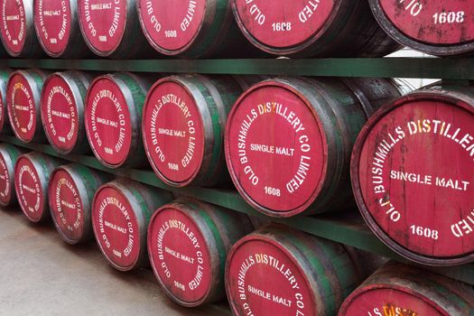 Barrels in Old Bushmills Distillery, Bushmills, County Antrim, Northern Ireland, UK