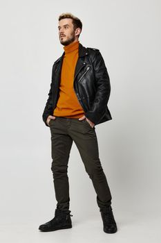 season trend orange sweater leather jacket pants shoes model