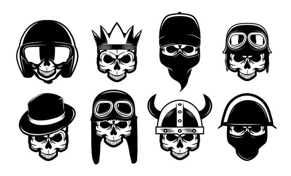 Different black skulls in bandana, hat or helmet