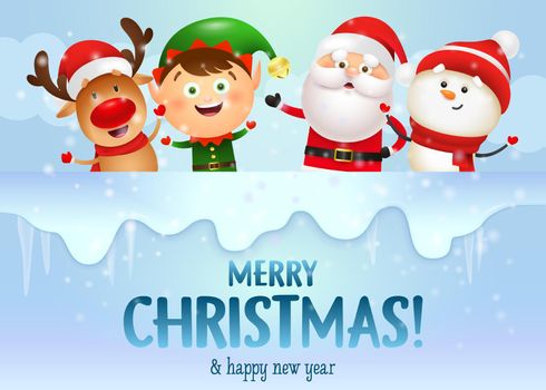 Merry Christmas banner design with jolly Santa and his friends