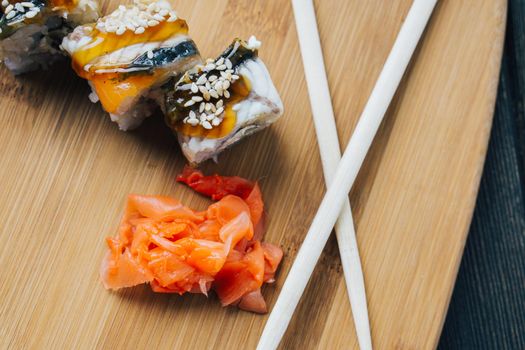 sushi chopsticks wood board japanese cuisine restaurant