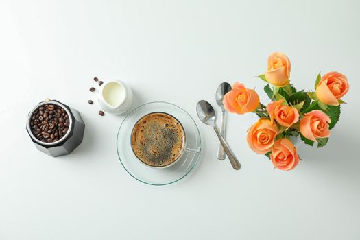 Flat lay composition with coffee time accessories on white background, space for text. Breakfast time