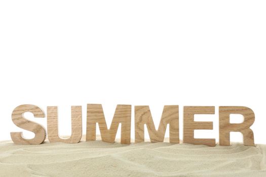 Inscription summer is lined with wooden letters on clear sea sand. Happy holidays