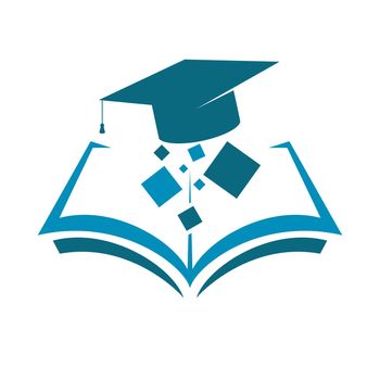Vector icon of book and graduate caps. Source of knowledge. Flat design isolated on white 