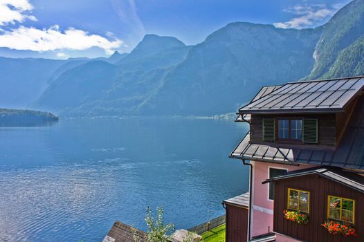 Hallstatt in Alps, Old city view by the lake, Austria