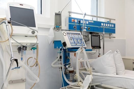 KYIV, UKRAINE - May. 27, 2020: Coronavirus epidemic. Poroshenko Foundation donated artificial lung ventilation devices, pulse oximeters and protective suits to Kyiv Alexander Hospital