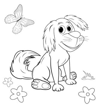 Sitting dog in the contours for the coloring page. Sketch of a dog on a white background.
