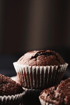 Homemade chocolate muffins, baked comfort food recipe