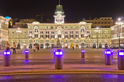 Trieste, Old city square view by night, Italy, Europe