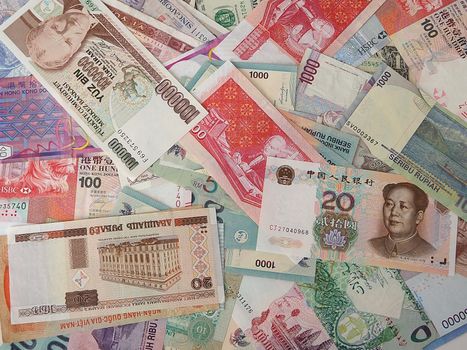 Paper money from different countries. A collection of paper money.
