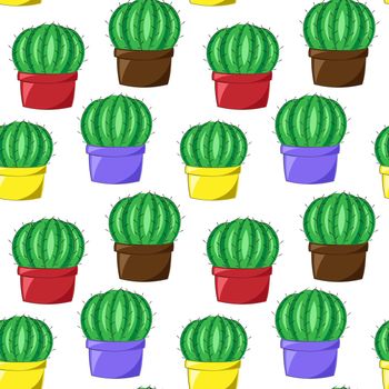 Seamless vector pattern with cactus in colors pot