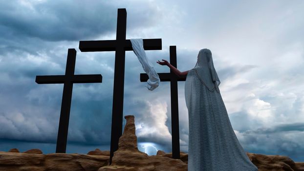 A woman praying in front of Christ cross during a stormy day
