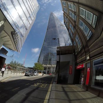 LONDON, ENGLAND- 29 June, 2017: Titl shot of The Shard on a sunny day in London