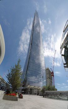 LONDON, ENGLAND- 29 June, 2017: Titl shot of The Shard on a sunny day in London