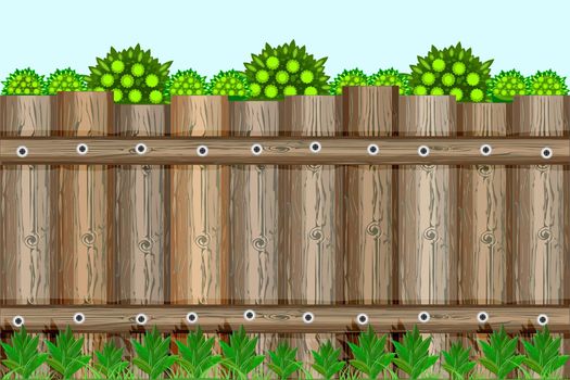 Garden fencing, summer backyard or palisade. Summer landscape with traditional rustic picket fence. City park or street wall. Stock vector illustration