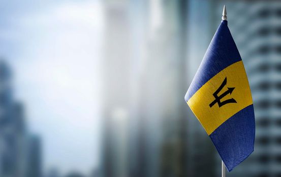 A small flag of Barbados on the background of a blurred background