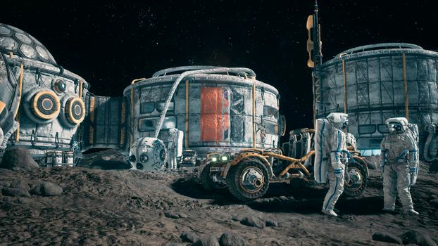View of the lunar surface, lunar colony and astronauts working at the lunar base next to the lunar rover. 3D Rendering.