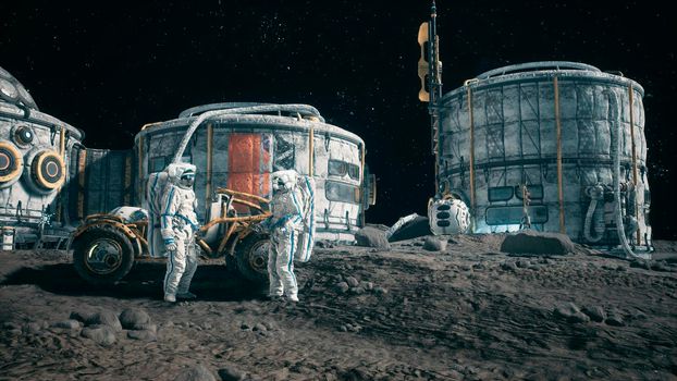 Meeting of astronauts at the lunar base near the lunar rover. View of the lunar colony and astronauts working at the space base. 3D Rendering.