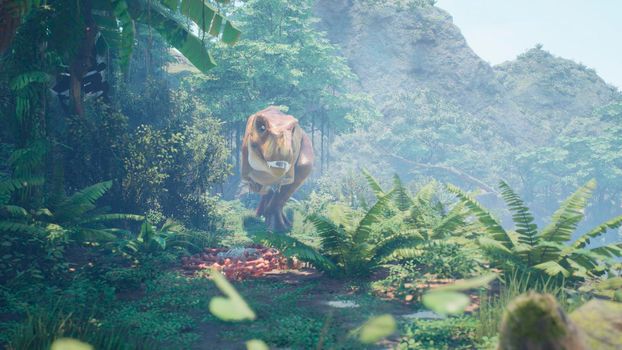 The Tyrannosaurus Rex dinosaur slowly creeps up on its prey in a thicket of green prehistoric jungle. View of the green prehistoric jungle forest on a Sunny morning. 3D Rendering.