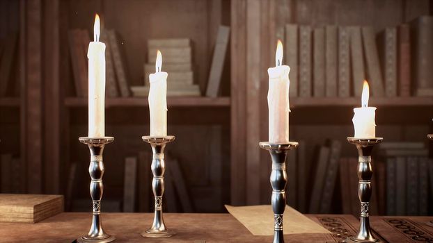 Candles on the table of an alchemist in a medieval ancient castle. 3D Rendering.
