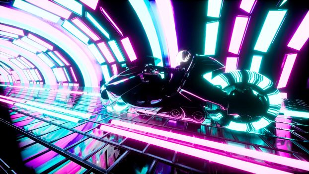 Cyber girl rides a motorcycle in a glowing neon tunnel. 3D Rendering.