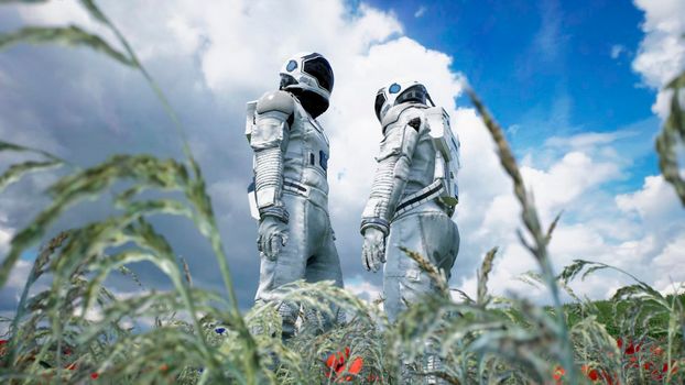 Meeting of two astronauts in love on an alien blooming planet. 3D Rendering.