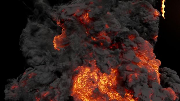 The strongest explosion, the fire swirls along with black smoke. 3D Rendering