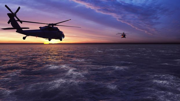 Black hawk military helicopters fly at sunrise across the boundless sea. 3D Rendering