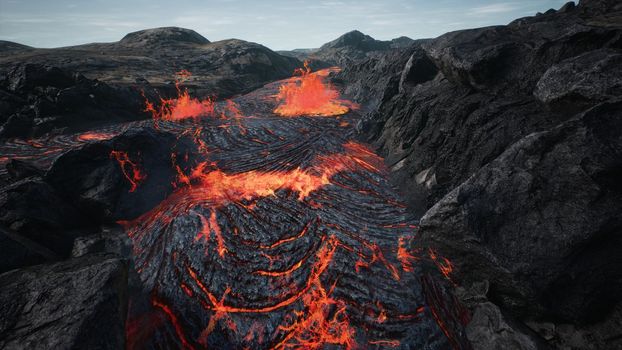 Lava flowing from volcano lava eruption. 3D Rendering.