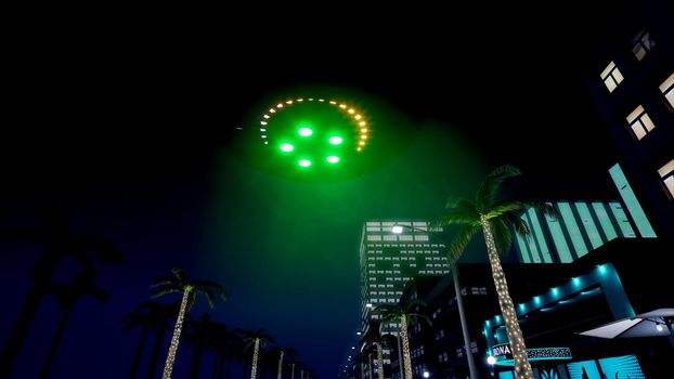UFO is flying over the night city. 3D Rendering.